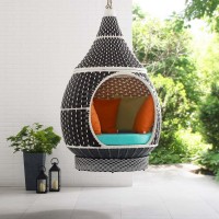 Modway Palace Wicker Rattan Aluminum Outdoor Patio Hanging Swing Lounge Pod With Cushions In Brown Turquoise