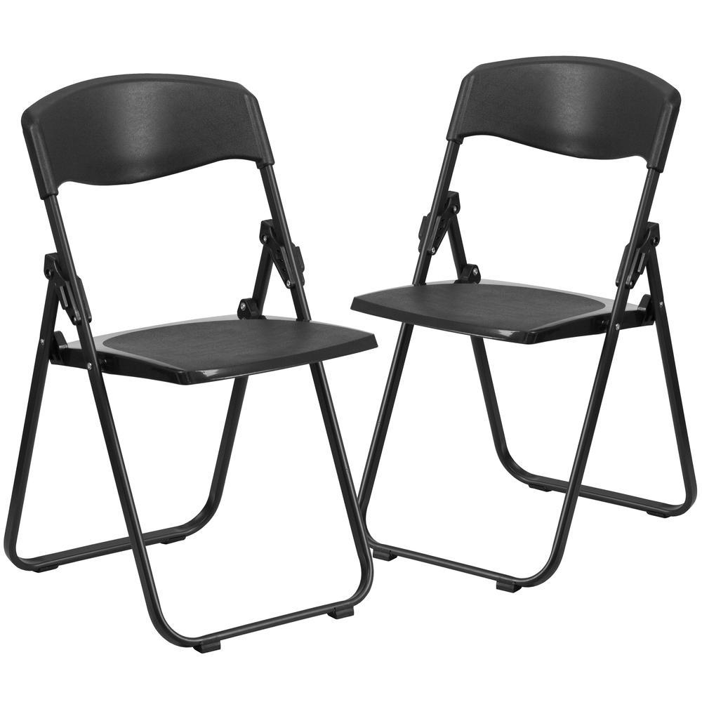 2 Pk HERCULES Series 500 lb Capacity Heavy Duty Black Plastic Folding Chair with Builtin Ganging Brackets