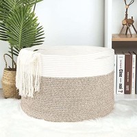 Mintwood Design Towel Basket Decorative Woven Cotton Rope Basket, Baby And Dog Toy Storage Baskets Bin, Kid Laundry Hamper, Blanket Basket, Light Brown, Extra Large 22 X14 Inches