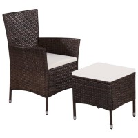 vidaXL Outdoor Chair and Stool with Cushions Poly Rattan Brown 44090