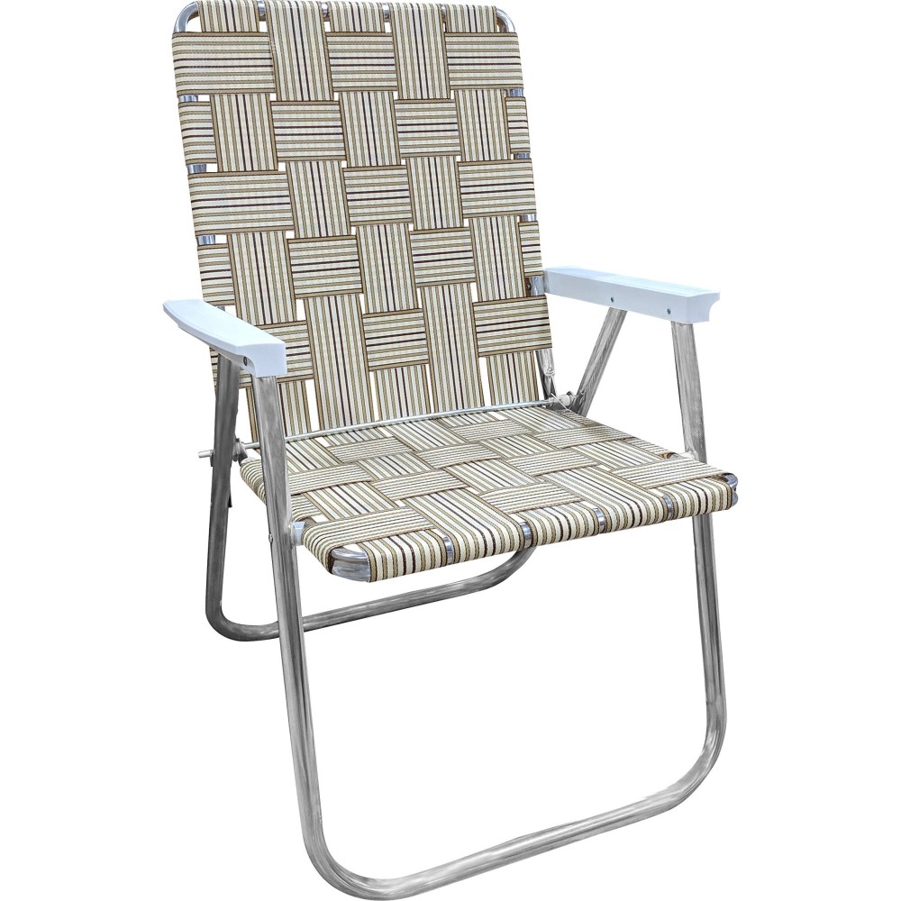 Lawn Chair Usa - Outdoor Chairs For Camping, Sports And Beach. Chairs Made With Lightweight Aluminum Frames And Uv-Resistant Webbing. Folds For Easy Storage (Classic, Tan Stripe //With White Arms)