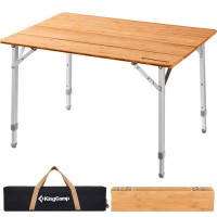 Kingcamp Bamboo Folding Camping Table 4 Folds Lightweight With Adjustable Height Aluminum Legs Portable Camp Tables In Carry Bag For Indoor Outdoor Picnic Beach