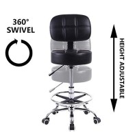 Kktoner Swivel Round Rolling Stool Pu Leather With Adjustable Foot Rest Height Adjustable Task Work Drafting Chair With Back(Black)