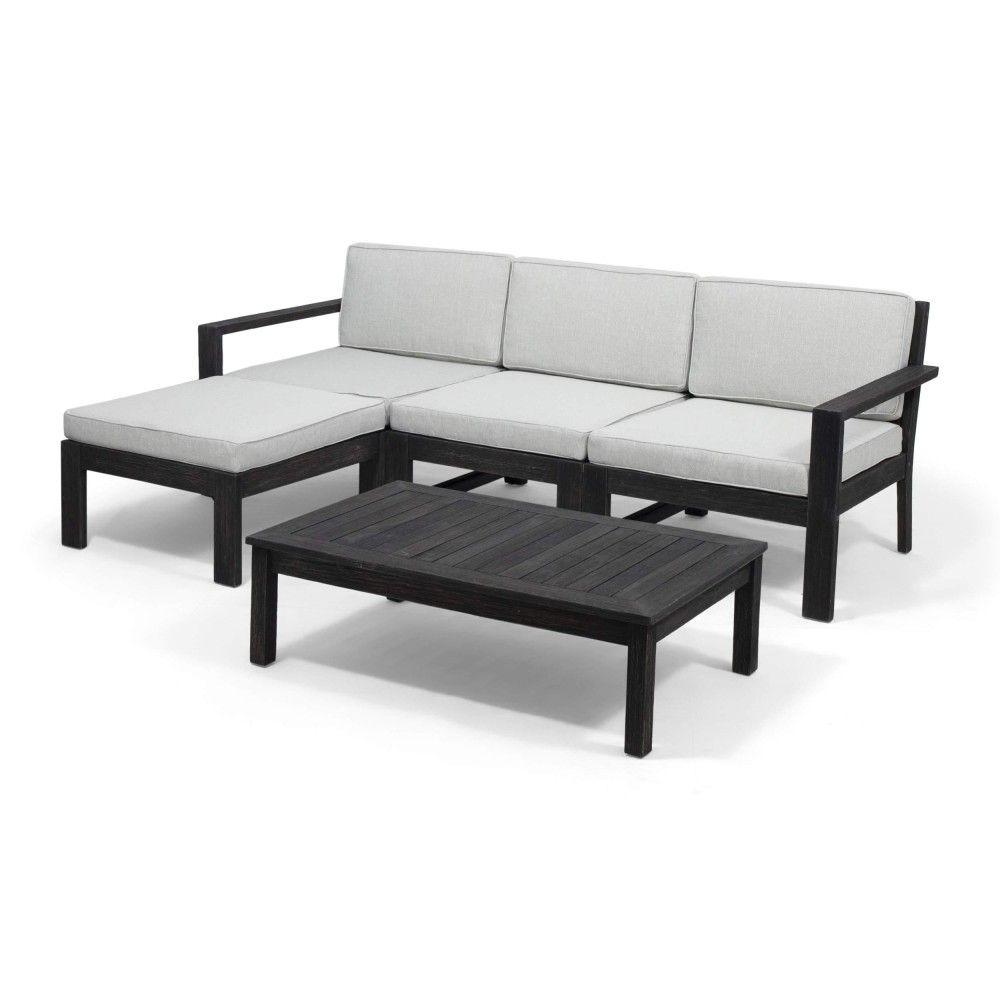 Great Deal Furniture Makayla Ana Outdoor 3 Seater Acacia Wood Sofa Sectional With Cushions, Dark Gray And Light Gray