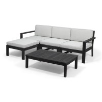 Great Deal Furniture Makayla Ana Outdoor 3 Seater Acacia Wood Sofa Sectional With Cushions, Dark Gray And Light Gray