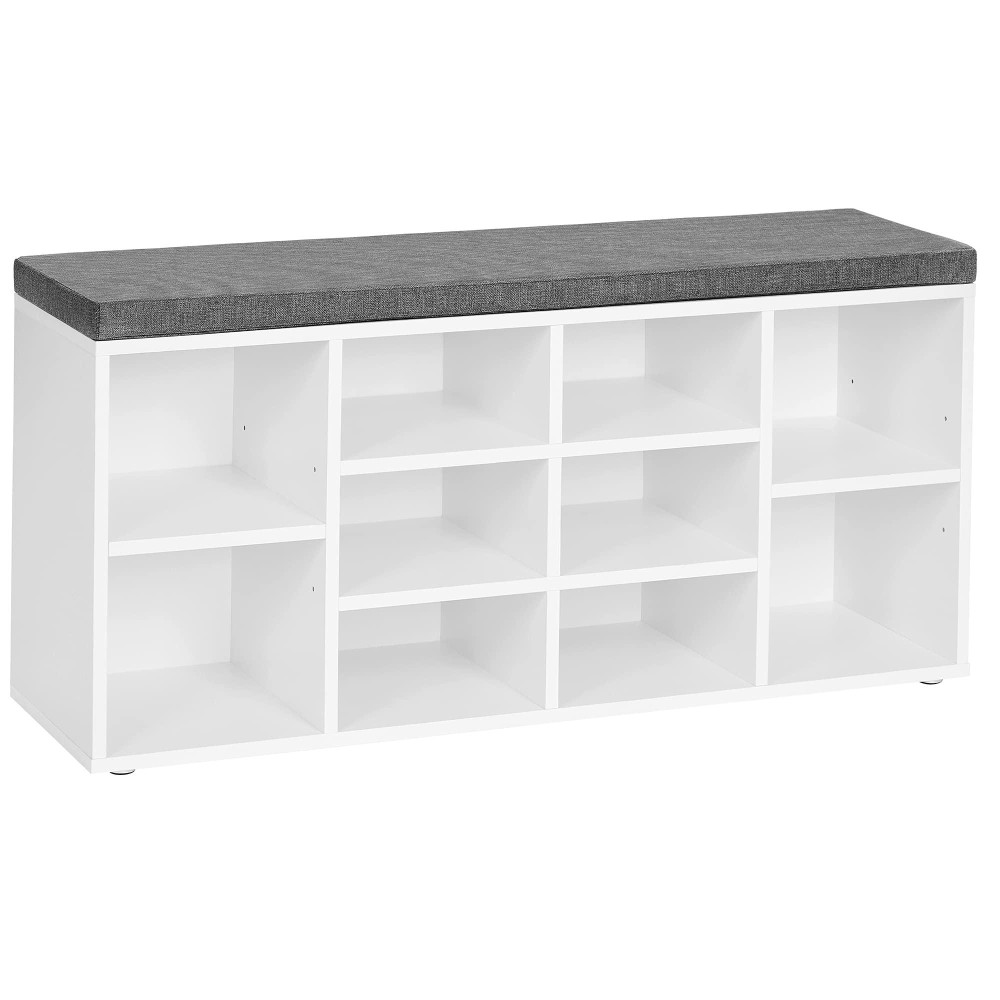 Vasagle Shoe Bench With Cushion, Storage Bench With Padded Seat, Entryway Bench With 10 Compartments, Adjustable Shelves, For Bedroom, 11.8 X 40.9 X 18.9 Inches, White And Gray Ulhs10Wt