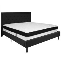 Roxbury King Size Tufted Upholstered Platform Bed In Black Fabric With Memory Foam Mattress