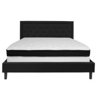 Roxbury King Size Tufted Upholstered Platform Bed In Black Fabric With Memory Foam Mattress