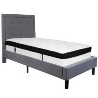 Roxbury Twin Size Tufted Upholstered Platform Bed In Light Gray Fabric With Memory Foam Mattress