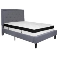 Roxbury Full Size Tufted Upholstered Platform Bed In Light Gray Fabric With Memory Foam Mattress