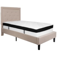 Roxbury Twin Size Tufted Upholstered Platform Bed In Beige Fabric With Memory Foam Mattress