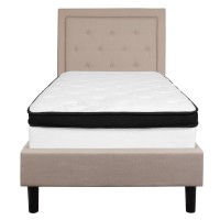 Roxbury Twin Size Tufted Upholstered Platform Bed In Beige Fabric With Memory Foam Mattress