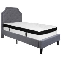 Brighton Twin Size Tufted Upholstered Platform Bed in Light Gray Fabric with Memory Foam Mattress