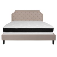 Brighton King Size Tufted Upholstered Platform Bed in Beige Fabric with Memory Foam Mattress