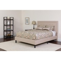 Roxbury Queen Size Tufted Upholstered Platform Bed in Beige Fabric with Memory Foam Mattress