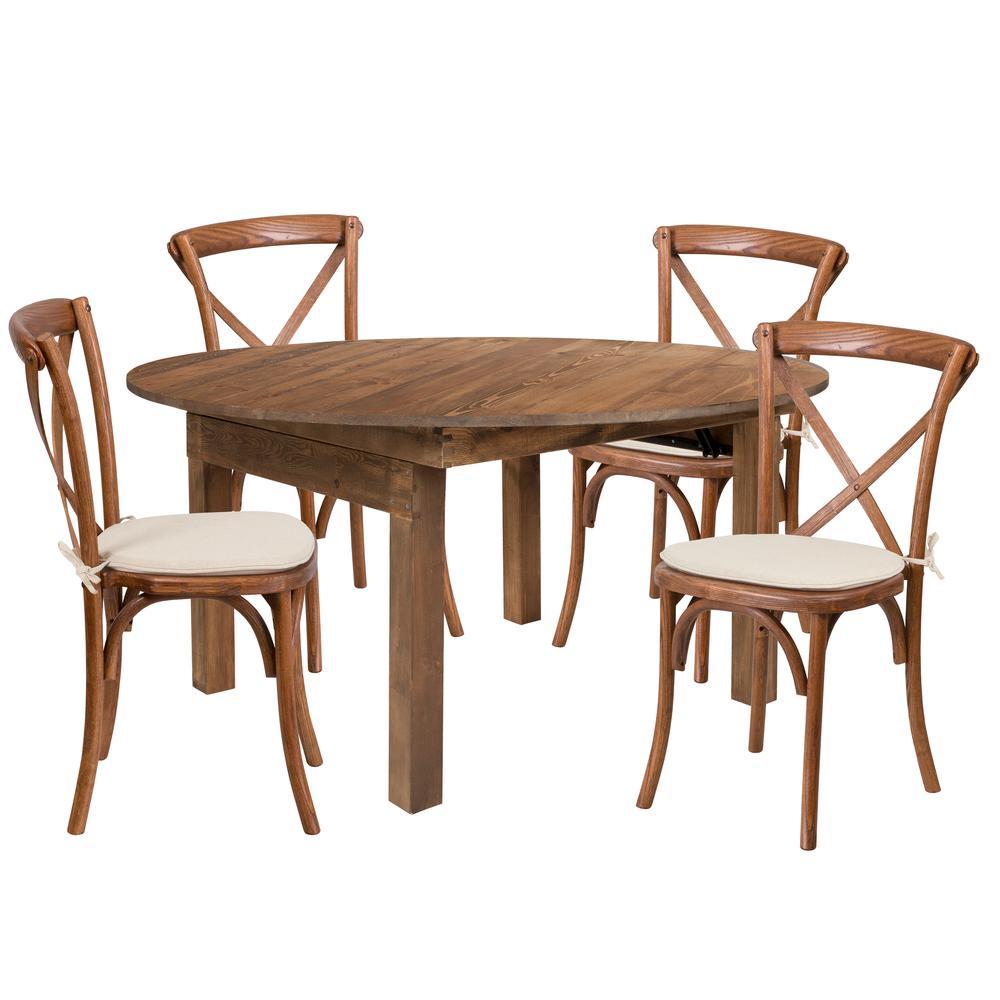 HERCULES Series 60 Round Solid Pine Folding Farm Dining Table Set with 4 Cross Back Chairs and Cushions