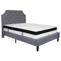 Brighton Full Size Tufted Upholstered Platform Bed In Light Gray Fabric With Memory Foam Mattress