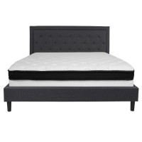 Roxbury King Size Tufted Upholstered Platform Bed In Dark Gray Fabric With Memory Foam Mattress