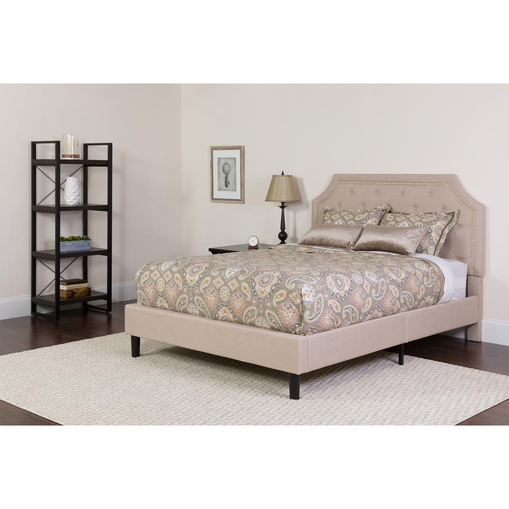 Brighton Full Size Tufted Upholstered Platform Bed in Beige Fabric with Memory Foam Mattress