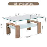 TUKAILAi Modern Rectangle Coffee Table, Tempered Glass Center Table with Open Storage Shelf, Side End Table with Lower Shelf for Living Room Guest Reception Room (Natural Wood)