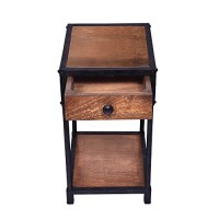 The Urban Port , Brown And Black Metal Framed Mango Wood End Table With Drawer And Open Base