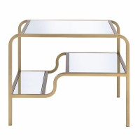 Benjara, Gold And Clear Metal Framed Mirror End Table With Tiered Shelves