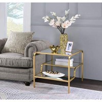 Benjara, Gold And Clear Metal Framed Mirror End Table With Tiered Shelves