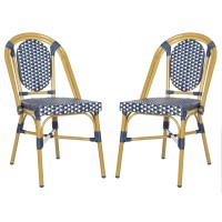 Safavieh Pat4036A-Set2 Outdoor Collection Lenda French Navy, White And Brown Stackable Bistro (Set Of 2) Patio Chair