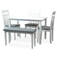 5 Pc Dining Kitchen Set Of Rectangular Table And 3 Chairs Warm 1 Stained Bench Classic Style Solid Wood In White Finish