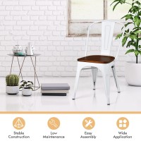 Costway Tolix Style Dining Chairs Industrial Metal Stackable Cafe Side Chair W/Wood Seat Set Of 4 (White And Brown)