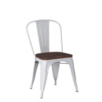 Costway Tolix Style Dining Chairs Industrial Metal Stackable Cafe Side Chair W/Wood Seat Set Of 4 (White And Brown)