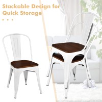 Costway Tolix Style Dining Chairs Industrial Metal Stackable Cafe Side Chair W/Wood Seat Set Of 4 (White And Brown)