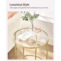 Vasagle Round Side Table, Glass End Table With Metal Frame, Gold Coffee Table With Modern Style, For Living Room, Balcony, Bedroom, Gold Color