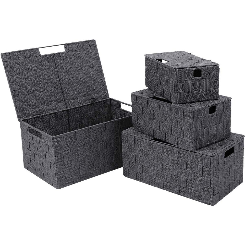 Kedsum Woven Storage Baskets Boxes Bins, Black Storage Baskets With Lids, Woven Strap Storage Baskets Bins, Nylon Strorage Baskets Bin, Built-In Carry Handles (Grey Set Of 4)