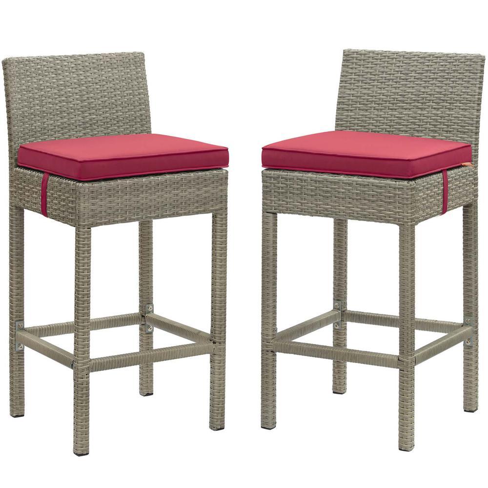 Conduit Bar Stool Outdoor Patio Wicker Rattan Set Of 2 - Light Gray Red Eei-3604-Lgr-Red