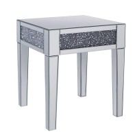 Benjara Wood And Mirror End Table With Faux Crystals Inlay, Clear