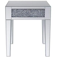 Benjara Wood And Mirror End Table With Faux Crystals Inlay, Clear