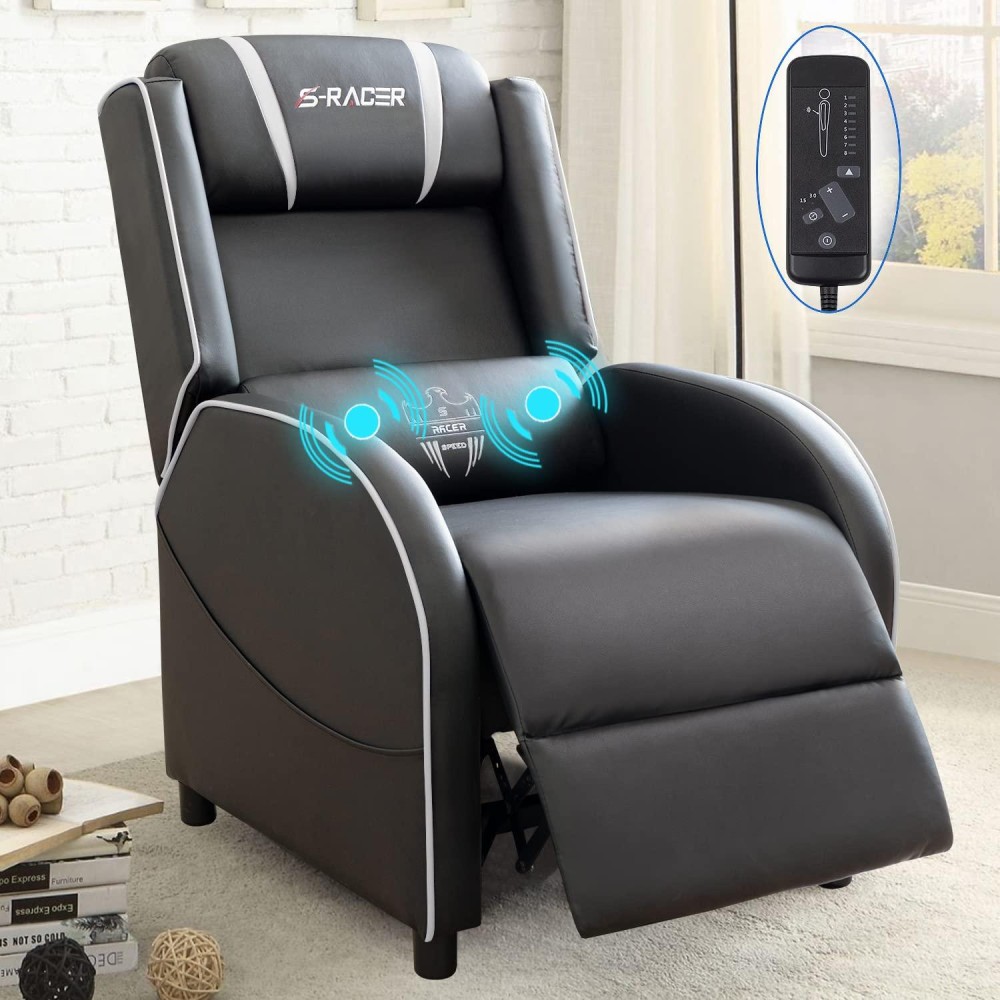 Homall Gaming Massage Recliner Chair Racing Style Single Living Room Sofa Recliner Pu Leather Recliner Seat Comfortable Ergonomic Home Theater Seating (White)