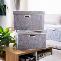 Prandom Large Storage Boxes With Lids 3Pack Fabric Decorative Storage Bins Cubes Organizer Containers Baskets With Handles Fo