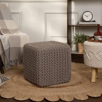 Redearth Cube Hand Knitted Pouf Foot Stool Ottoman Cord Boho Pouffe Poof Accent Stuffed Table Or Footrest For Living Room