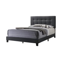 Upholstered bed in charcoal fabricHeadboard with modern button tuftingPlywood and MDF frameRequires box springAvailable in charcoal, grey, and light grey fabric