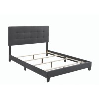 Upholstered bed in charcoal fabricHeadboard with modern button tuftingPlywood and MDF frameRequires box springAvailable in charcoal, grey, and light grey fabric