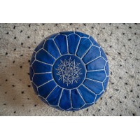 Premium Moroccan Leather Pouf - Handmade - Delivered Stuffed - Ottoman, Footstool, Floor Cushion (Blue Sky)