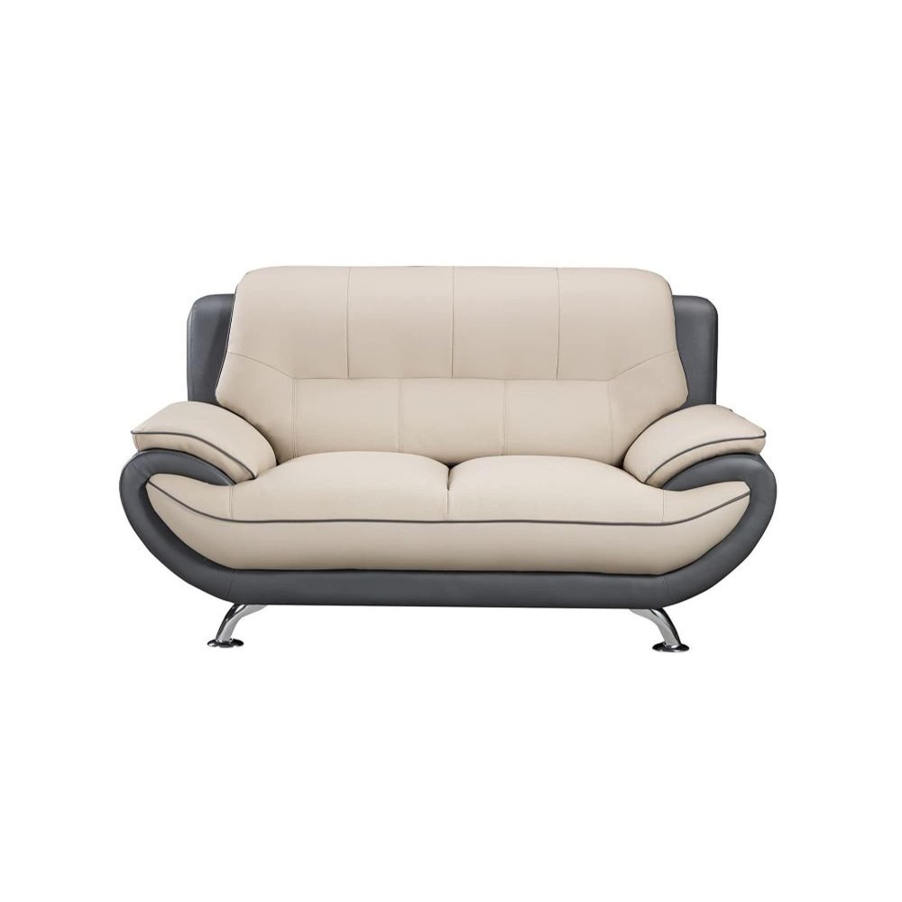 Benjara Faux Leather Upholstered Wooden Loveseat With Pillow Top Armrest, Cream And Dark Gray,