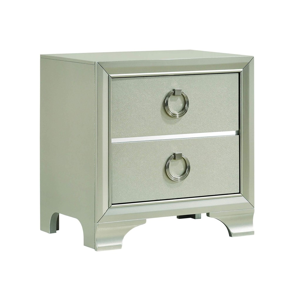 Benjara , Silver Two Drawers Wooden Nightstand With Oversized Ring Handles