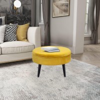 Joveco Small Round Ottoman, Velvet Upholstered Footrest Stool Seat With Wooden Legs, Vanity Stool Coffee Table For Bedroom Living Room (Yellow)