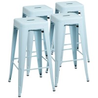 Furniwell 30 Inches Metal Bar Stools High Backless Tolix Indoor-Outdoor Stackable Barstool With Square Counter Seat Set Of 4 (Blue)