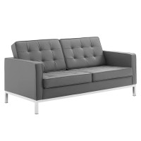 Modway Loft Tufted Button Faux Leather Upholstered Loveseat In Silver Gray