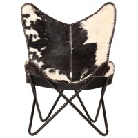 Vidaxl Butterfly Chair Home Indoor Living Room Bedroom Sleeper Armchair Seat Seating Sitting Chair Furniture Black And White Genuine Goat Leather