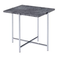 Acme Adelae Rectangular Faux Marble Top End Table In Chrome And Gray